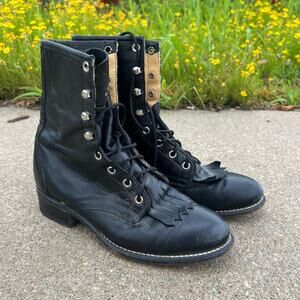 Vintage 80s 90s Laredo Black Roper Lace Up Cowgirl Western Boots Kilte Fringe 7M